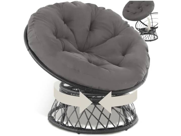tectake® Papasansessel, gemütlicher Drehsessel mit Kissen rund, bequemer Rattansessel, Loungesessel drehbar, runder Relax Korbsessel Rattan für Wohnzimmer, Leseecke, Lounge - schwarz