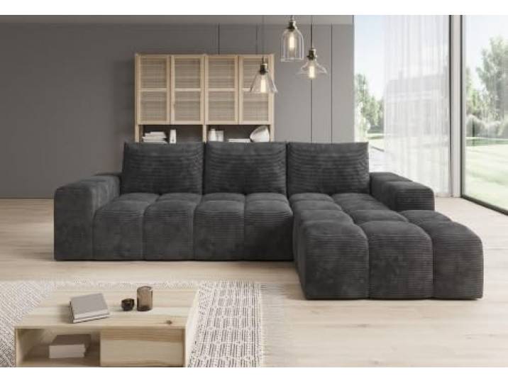 möbelfest Molli Ecksofa L‑Form – Rechts/Links & 4 Farben Cord‑Stoff (Dunkelgrau, Rechts)