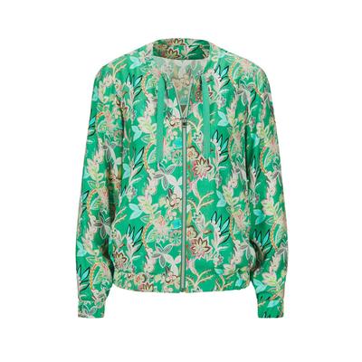 Kurzjacke GOLDNER "Kurzgröße Floraler Damenblouson mit Reißverschluss", Damen, Gr. 25, grün (smaragd), Obermaterial: 100% Viskose CV., gerade, Gummibund, Jacken Kurzjacke, Reißverschluss mit Belegverarbeitung