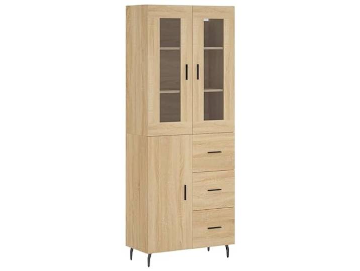 Makastle Highboard Wohnzimmer 69,5x34x180 cm Sonoma-Eiche Holzwerkstoff mit Glastüren und Schubladen