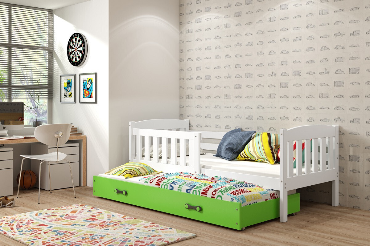 Kinderbett mit Zustellbett ohne Matratzen 80x190 BRIGID - Weiß / Grün