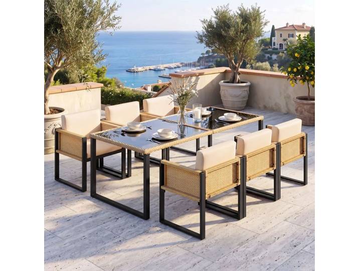 Set Jardin 6 Pers – Brun/Noir – Table Verre 170 cm – 6 Fauteuils – Coussins Lavables – Housses Amovibles