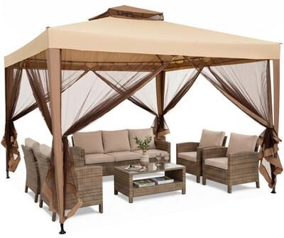 Costway 10 x 10 Feet Patio Canopy Gazebo with Neting and Double Tiered Roof-Yellow