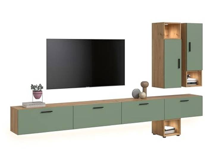 xonox.home – Wohnkombination inkl. Beleuchtung The One 300x178x34 cm in Artisan Oak und Smoke Green – XXL Wand mit 2 Türen, 4 Klappen & LED – 15 Fächer Sorgen für Ordnung & EIN schönes Wohnerlebnis