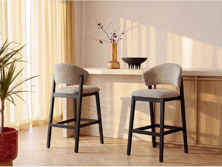 2er-Set Barhocker aus Bouclé-Stoff und schwarzem Hevea-Holz - Taupe COROZAL