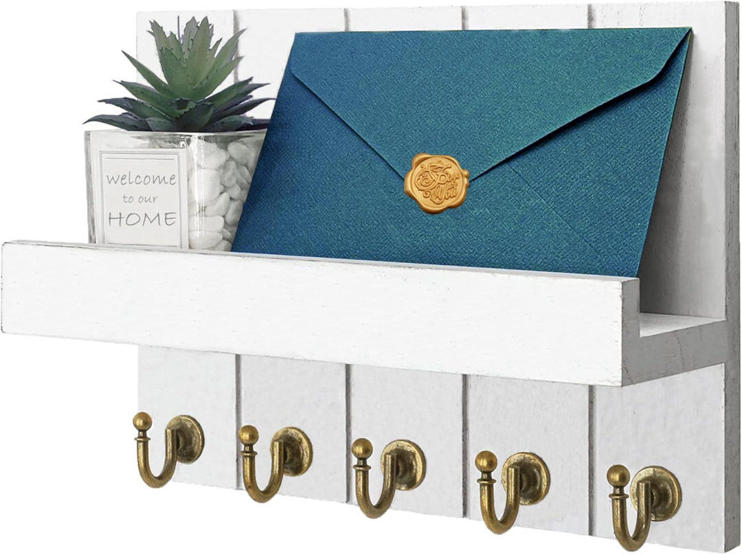 Brambly Cottage Hannover Wall Organizer with Key Hooks and Mail Storage White 18.5cm H X 25.4cm W X 9cm D