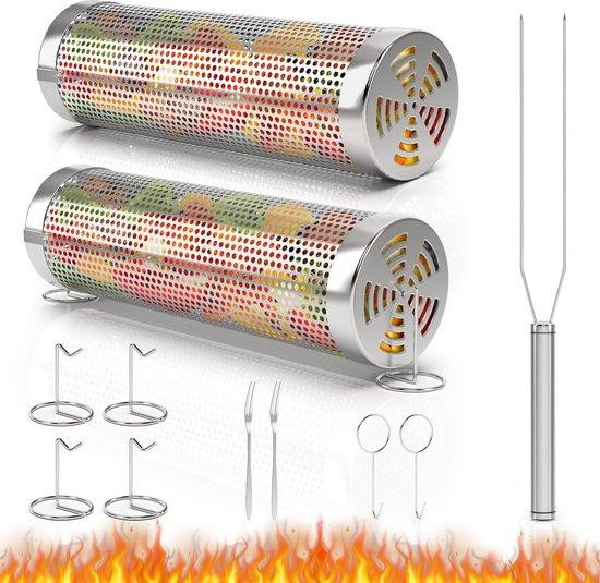 Set van 2 draagbare grillmanden met vork, zilver