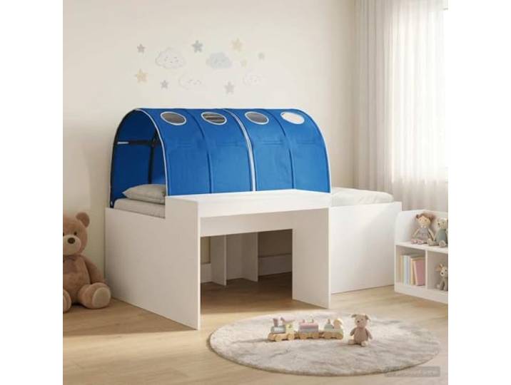 RJPLMFV Hochbett mit Schreibtisch, 3-teilig, Weiß / Blau Langlebiges Holz, modernes Design, einfache Montage, inklusive Zubehör, für den Innenbereich