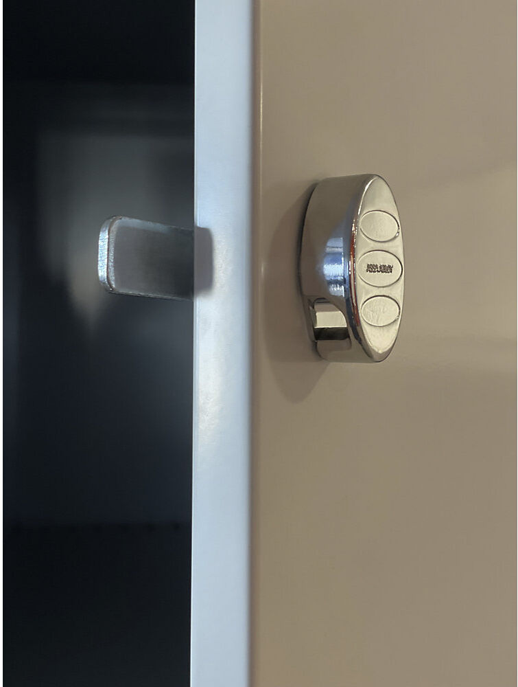 kaiserkraft Spind Fydor, 2 Abteile, lichtgrau, B 600 mm, schräge Dachform, Vorhängeschloss