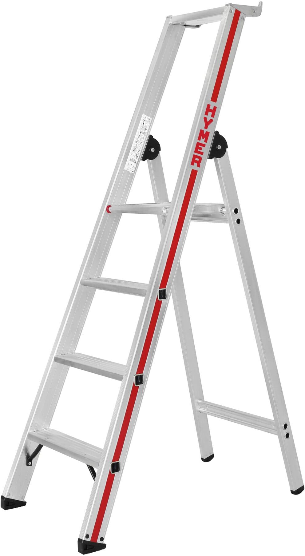 Hymer Stufenstehleiter mit Plattform, einseitig begehbar, 4 Stufen aus Aluminium eloxiert mit Stufen-Holm-Verbindung und Plattform für Stehleiterfunktion, 802604)
