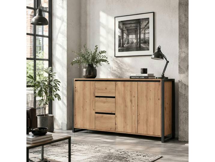 Buffet enfilade 160 cm, 3 portes 3 tiroirs ALVA - Chêne