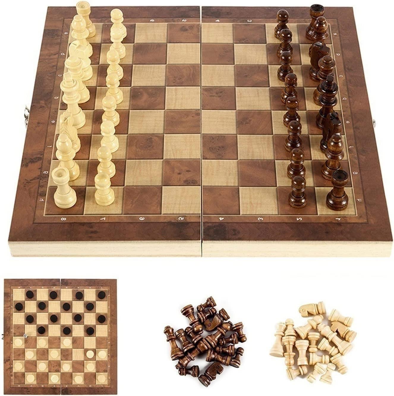 Vouwbaar houten schaakbord 3-in-1 schaakset voor kinderen en volwassenen