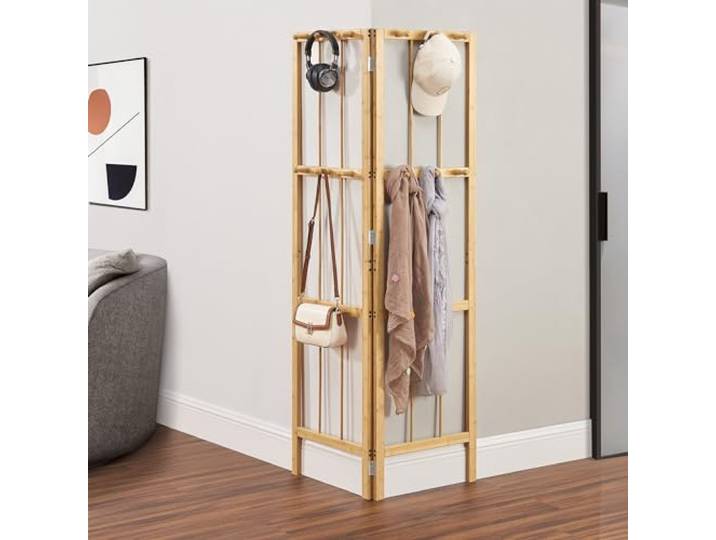 [en.casa] Eckgarderobe Hyllestad Wandgarderobe mit 12 Kleiderhaken Garderobenpaneel Klappgarderobe für Flur Eingangsbereich 165,5x92x8cm Bambus