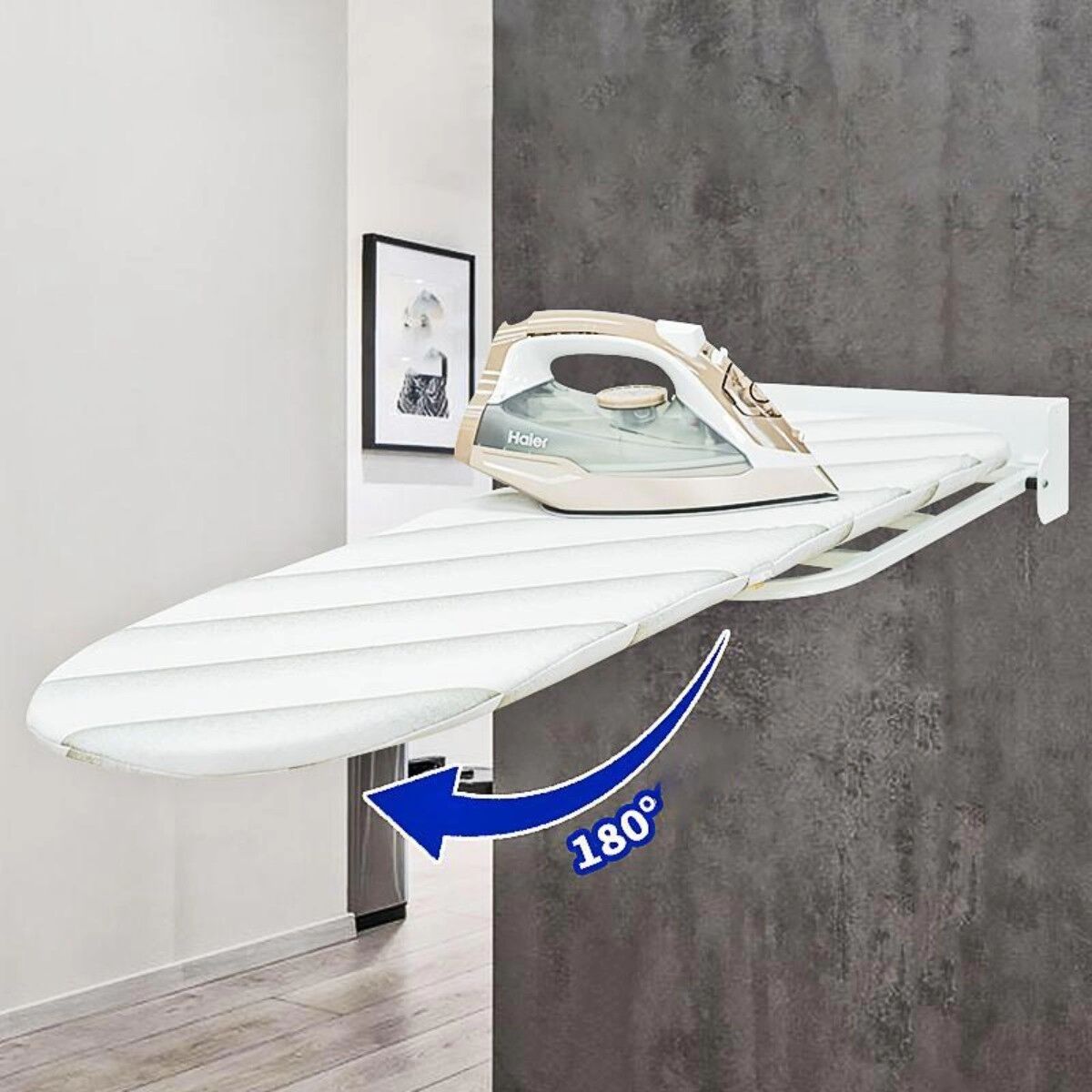 INF Planche à repasser murale pivotante 180° avec housse élastique et loquet de sécurité, design rabattable gain de place