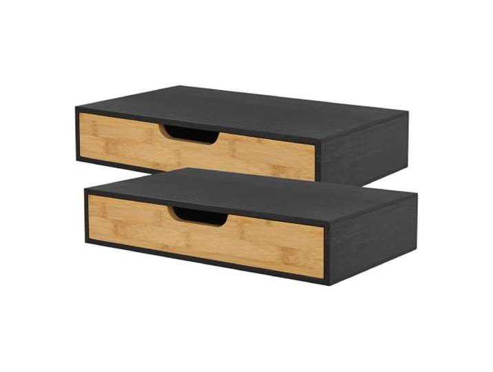 [en.casa] Wandregal 2er Set Bokn mit Schublade Bambus Schweberegal Hängeregal Wandablage Wandboard Nachttisch-Ablage Schwarz 40 x 24 x 8 cm Wandschublade