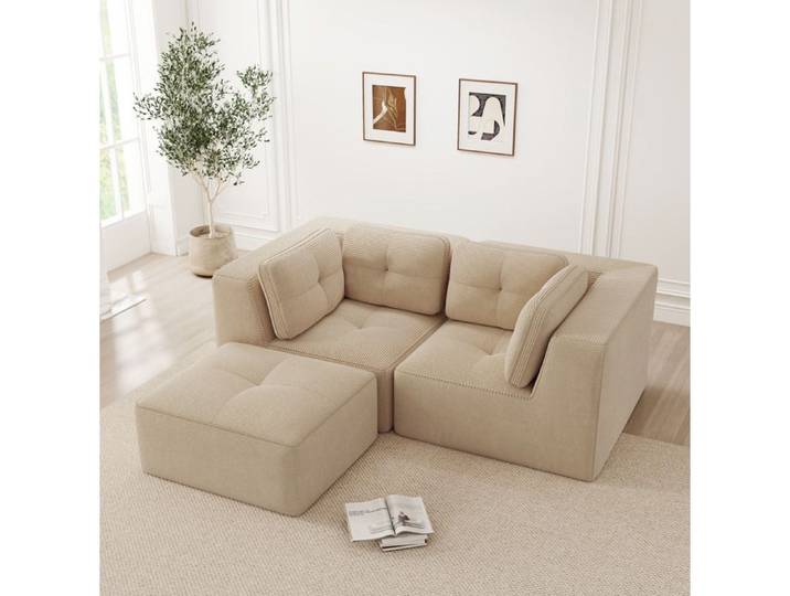 Canapé d'angle modulable 2 places sans montage avec repose-pieds mobile corduroy beige - UVRION