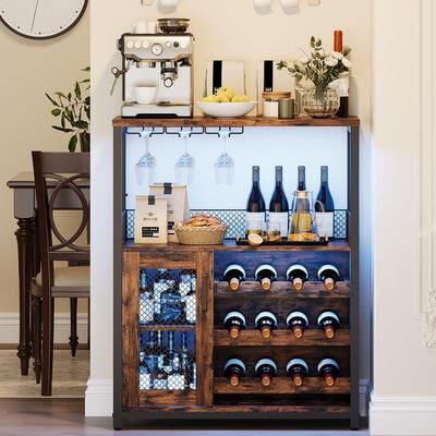 Garvee 3-Tier Wine Bar Cabinet with LED Lights, Detachable Wine Rack and Storage Space,Grey - 27.2x13.8x36.2in