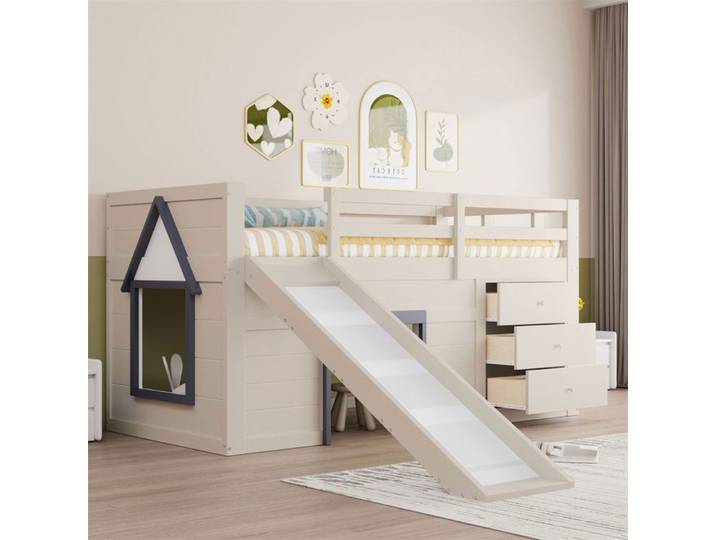 DRIPEX Lit mezzanine bas 90 x 200cm avec toboggan trois tiroirs et deux portes pour enfants Blanc