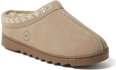 Women's Doreen Genuine Suede Clog with Embroidery by Dearfoams in Sand (Size 6 M)