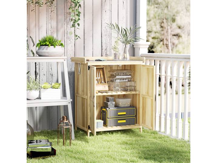 Outsunny Armoire Extérieur Bois Naturel Plan Travail Acier