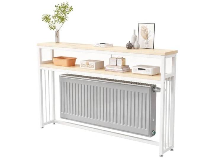Heizkörperverkleidung, 2 Ablageebenen, Offenes Rahmendesign, Heizungsregal Schmaler Konsolentisch, Hochverdichtete Holzwerkstoffplatte, Kohlenstoffstahl, Verstärkte Querstrebe(White,180x20cm/71x8in)