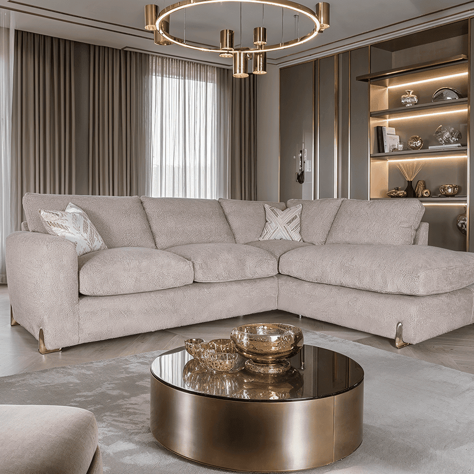 Mila Taupe Soft Textured Sofa Range with Gold Feet, Large Right Hand Facing / Standard Back