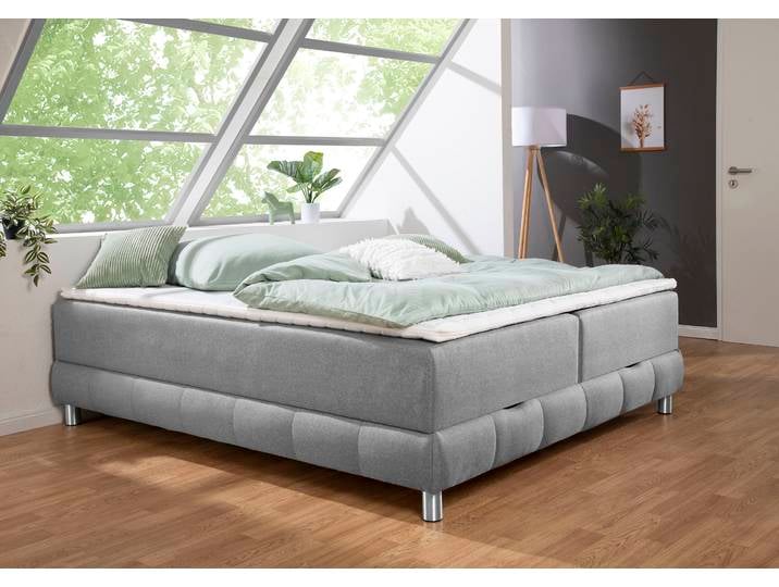 Boxspringbett, Strukturstoff, Grau, 206×226 cm, Bettkasten & Topper, Modern, Inosign