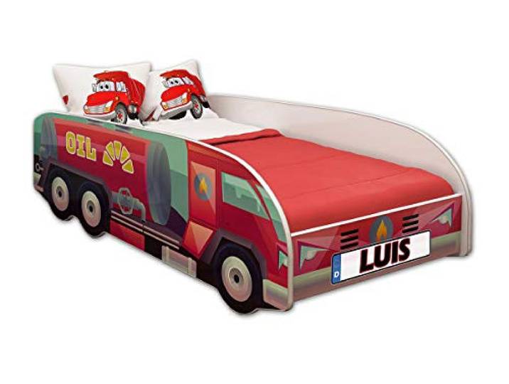 ACMA Kinderbett LKW Truck 160x80 cm Autobett Juniorbett für Kinder mit Matratze und Lattenrost, Spielbett mit Rausfallschutz, Kinderzimmer Bettmöbel, Design 09 Tanklastwagen + Name