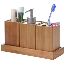 4-teiliges Badset MCW-B85, Badezimmerset Badaccessoires Seifenspender Zahnbürstenhalter, Bambus