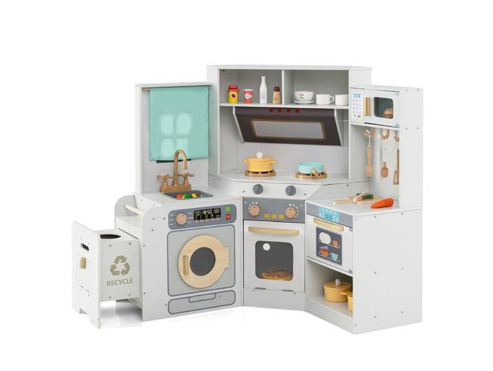 Een Hoekkeuken met Licht- en Geluidseffecten een Interactieve Houten Keuken-Grijs