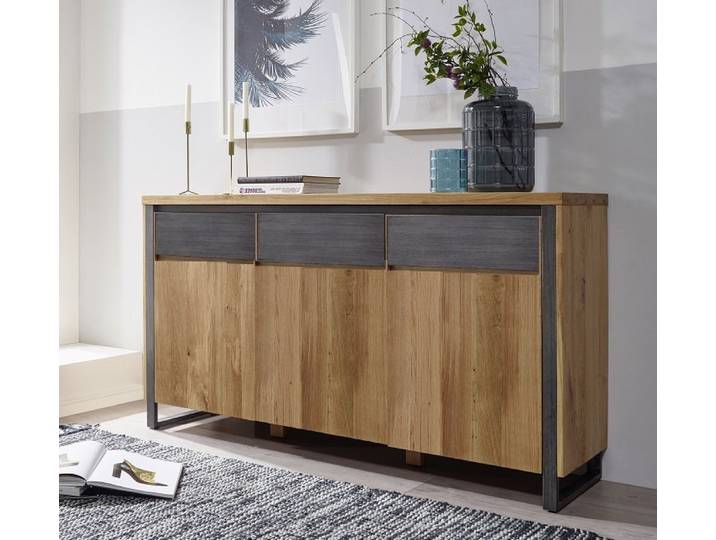 Sideboard 160x90cm 'Taipeh' Wildeiche & Metall gebürstet 3 Türen