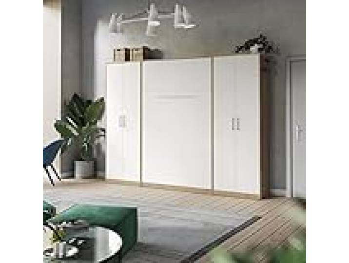 BB Loisir Lit escamotable +2 Placards Vertical 140x200+(80x2) cm Lit Rabattable Lit Mural Supérieur Chêne Sauvage/Blanc