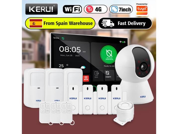 Kit de système d'alarme domestique KERUI WiFi + 4G, écran tactile de 7 pouces, alarme anti-cambriolage, protection de sécurité FSK/ASK, fonctionne avec capteur Tuya 433MHZ