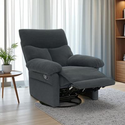 VIVIADORE Modern Fabric Swivel Rocker Recliner Chair, 360° Rotating Manual Armchair with Pull Tab, Adjustable Footrest, Padded Arms