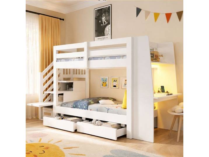 Lit superposé 90x200 en bois - Lit enfant avec bureau - LED et 2 tiroirs - lit superposé avec rangement - blanc