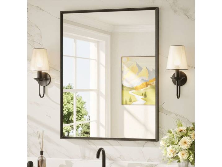 Miroir mural rectangulaire noir 70x90cm Keonjinn cadre aluminium verre trempé HD style moderne salle de bains entrée