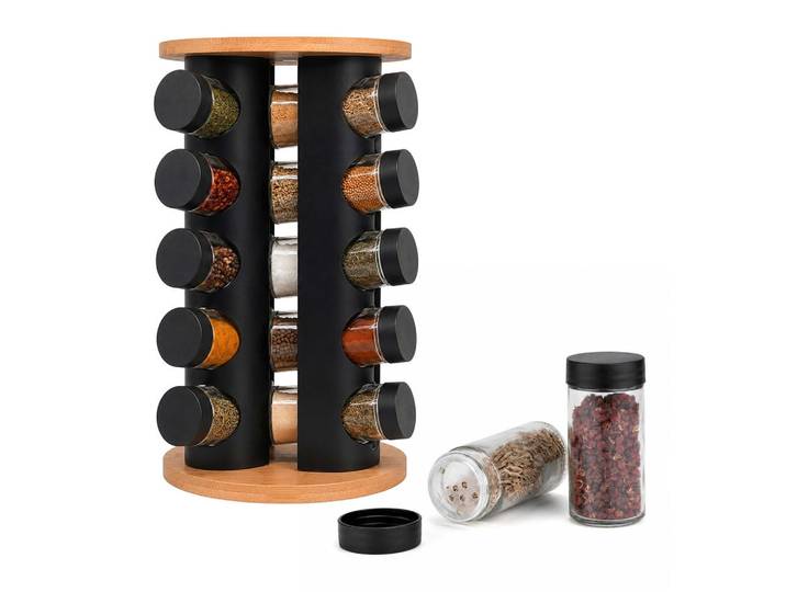 Relaxdays Gewürzkarussell Natur Schwarz Transparent 20er-Set, Mehrfarbig, Holz, Metall, Glas, 19.5x33x19.5 cm, Küchenzubehör, Vorratsbehälter, Gewürzgläser