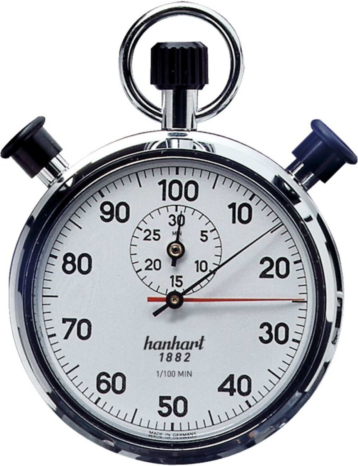 Hanhart Stoppuhr Messber. 1/100 Min. mechanisch verchr. Gehäuse (135.0201-0S)