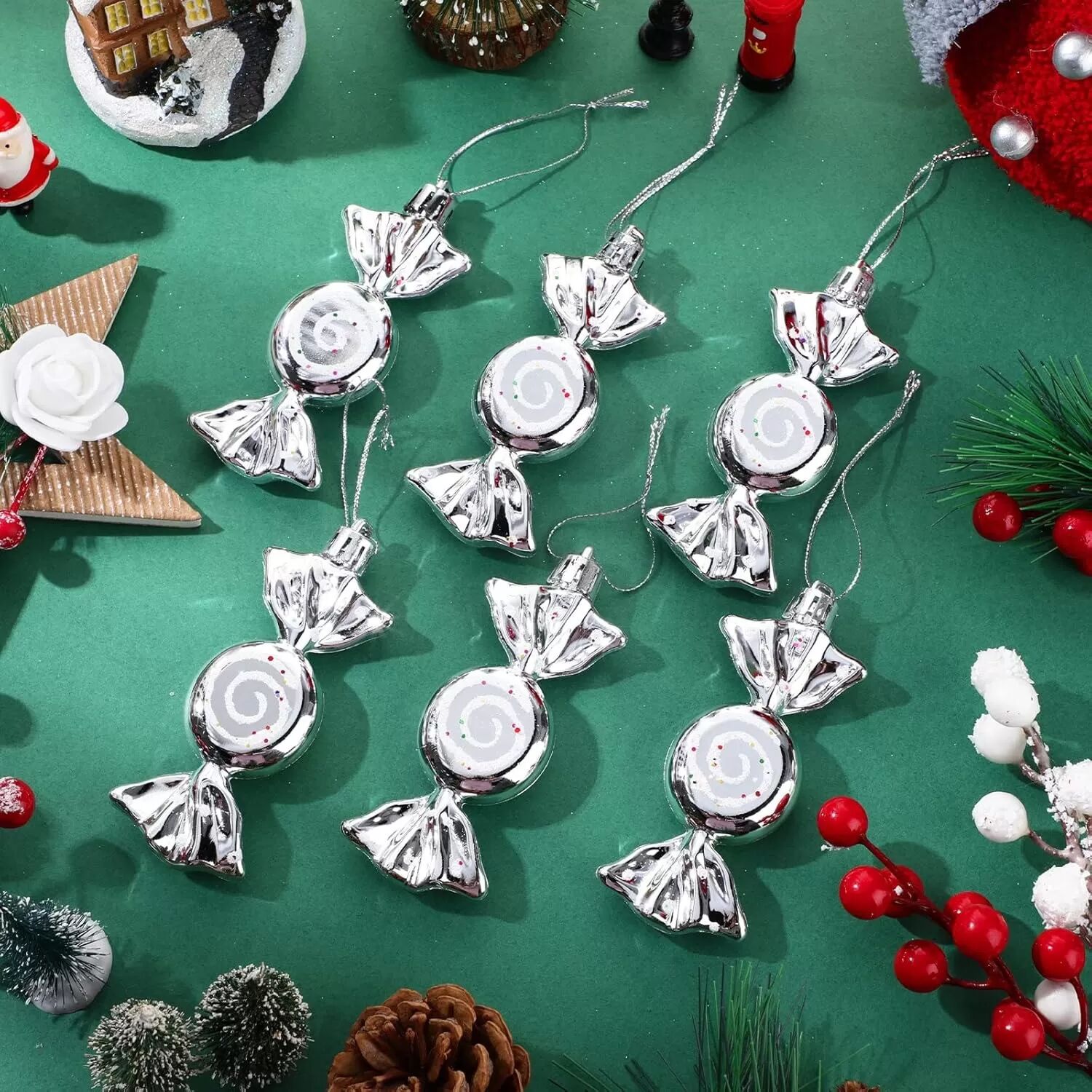 INF Weihnachts-Mini-Bonbon-Ornamente - 6er-Set, festliche Baumhänger Silber