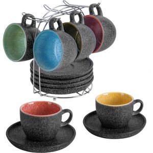 Miamio Kaffeetassen Las Palmitas Cappuccino, 190ml, Keramik, grau, 6 Tassen mit Untersetzer, Set 13-teilig, 6 Stück