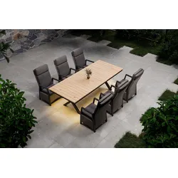 OUTFLEXX Luminara Garten-Essgruppe mit LED-Beleuchtung, anthrazit/natur, Aluminium/Polyrattan/Holzimitat, Tisch 240 x 100 cm, 6 Sessel