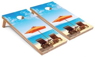 Skip's Garage Solid Wood Cornhole Boards - Beach Umbrella Design