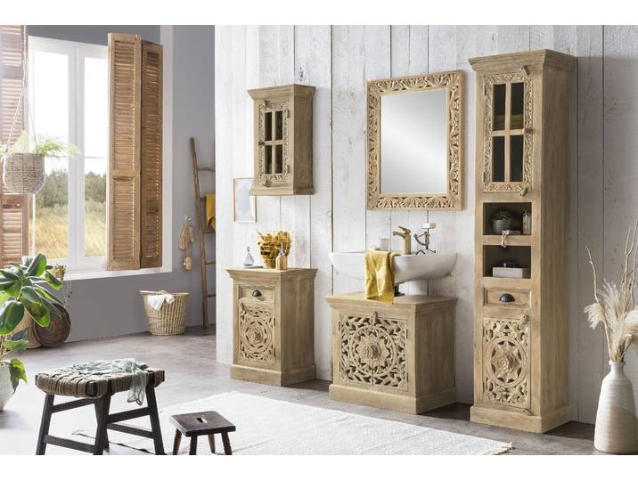 Badmöbel-Set SIT Brisbane 5-teilig aus Mangoholz mit Schnitzereien , beige (natur), Kastenmöbel-Sets, Badmöbel-Set, Aufwendige Schnitzereien & Unterschrank mit Siphonausschnitt