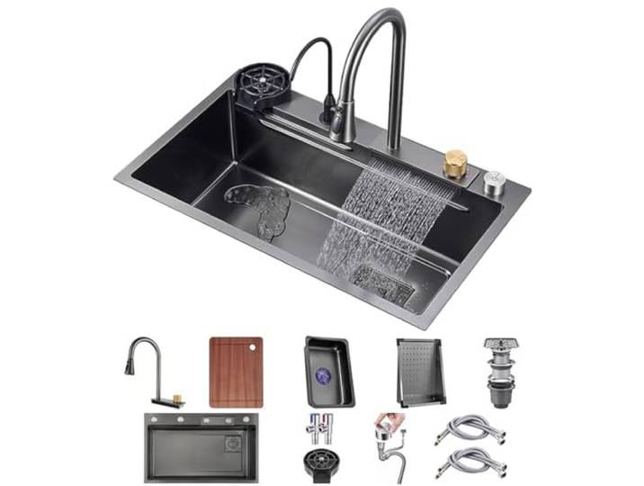 Schwarz Nano Spüle 304 Edelstahl Wasserfall Waschbecken Mehrzweckspüle Mit Einer Schüssel Mit Armatur Und Ablaufmontage Drop In Oder Unter Mount (Color : Nero, S : 68x45x21cm)