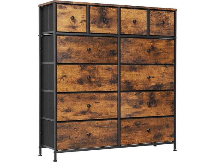 Commode Chambre 12 Tiroirs En Tissu Dessus Bois Grande Capacité Rangement Pour Chambre Salon Et Entrée