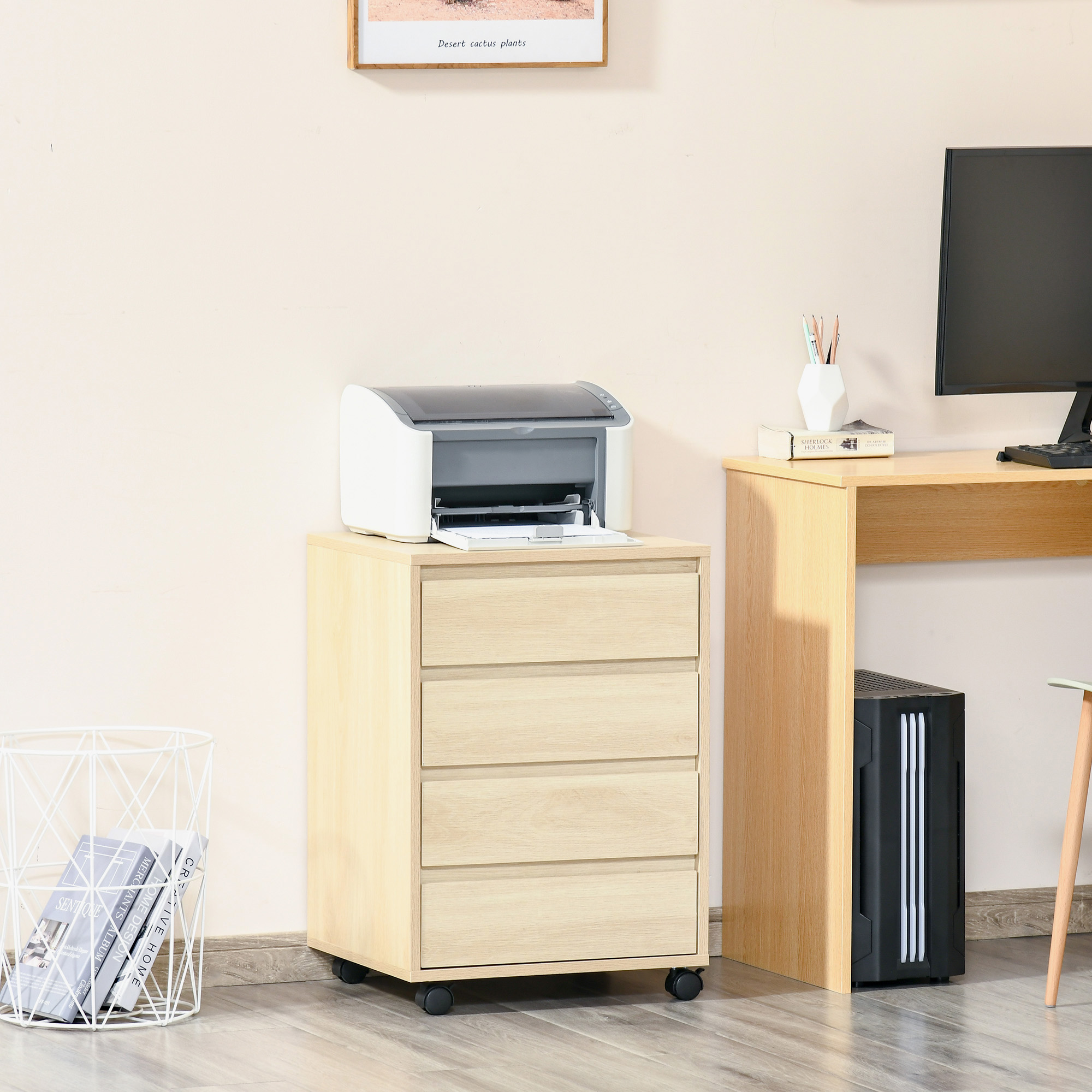 Homcom Mobiletto per ufficio con 4 cassetti scorrevoli in legno effetto legno chiaro su ruote