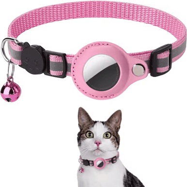 Inspire Picks Reflective Cat AirTag Collar With Breakaway Safety Buckle & Bell pink adjustable 22 32cm