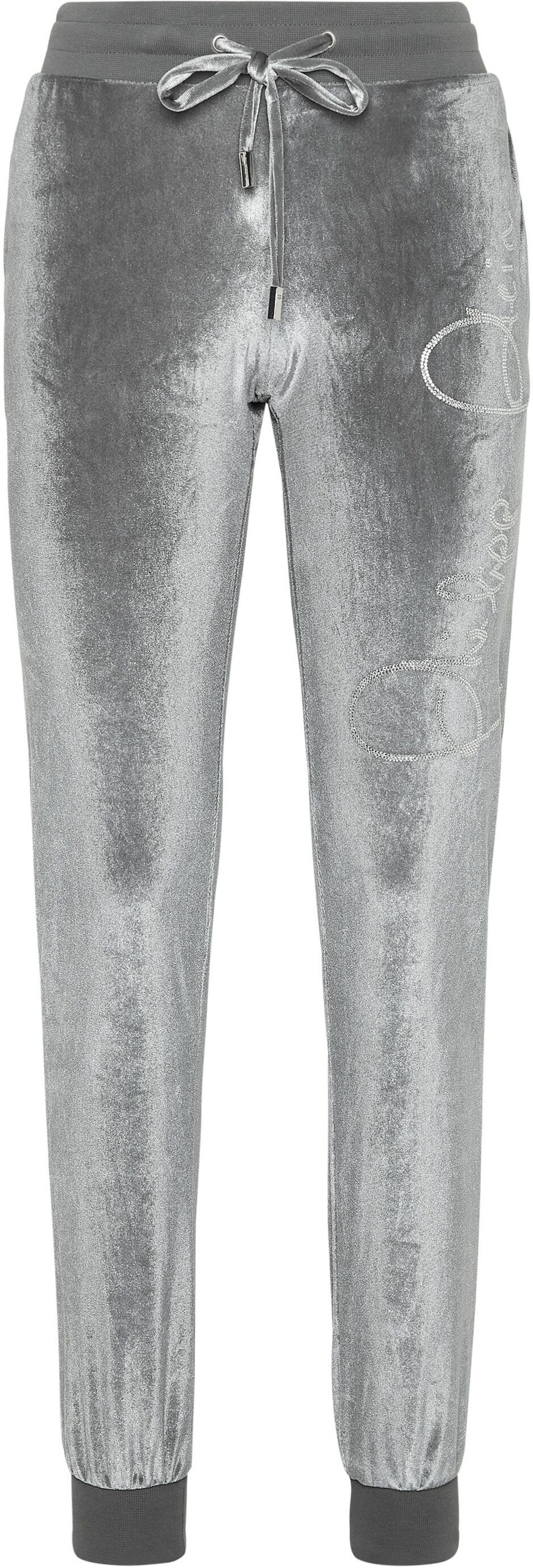 Jogginghose PHILIPP PLEIN "Signature Mit Schmucksteinen", Damen, Gr. L, US-Größen, grau (10, grau), Obermaterial: 95% Polyester, 5% Elasthan, Hosen Jogginghose