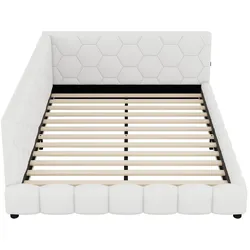 MODFU Tagesbett Vliesimitat Weiß 214x152x64,5 cm mit Lattenrost, LED-Umgebungslicht, USB- und Typ-C-Anschluss