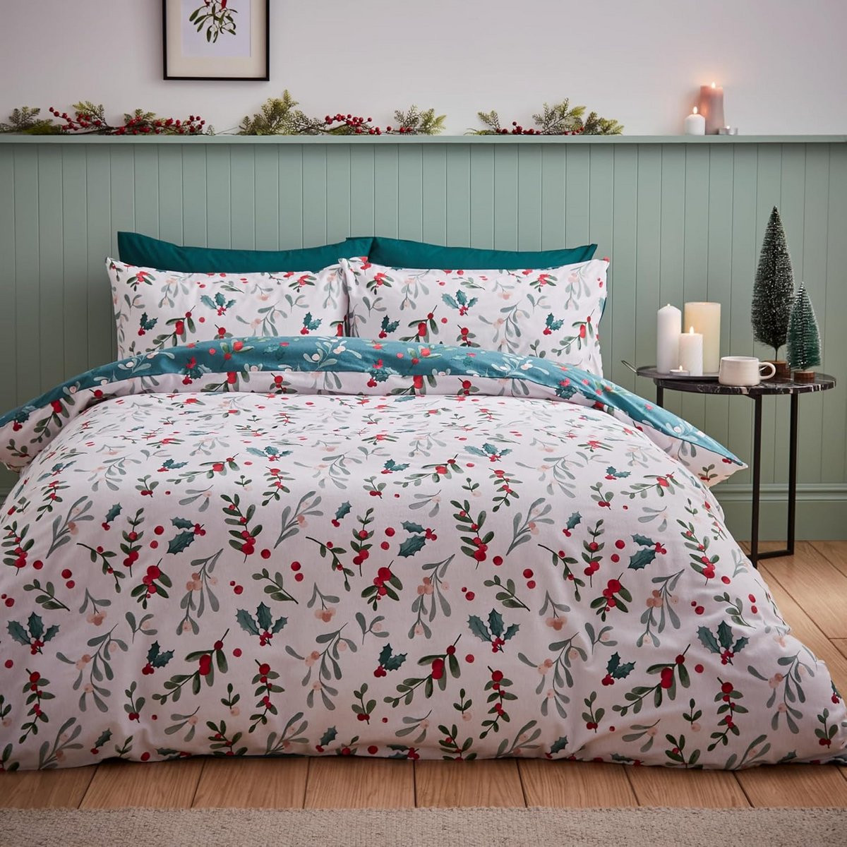 Kerst Dekbedovertrek Set Kingsize 220x230 cm - Wit Groen - Omkeerbaar Beddengoed